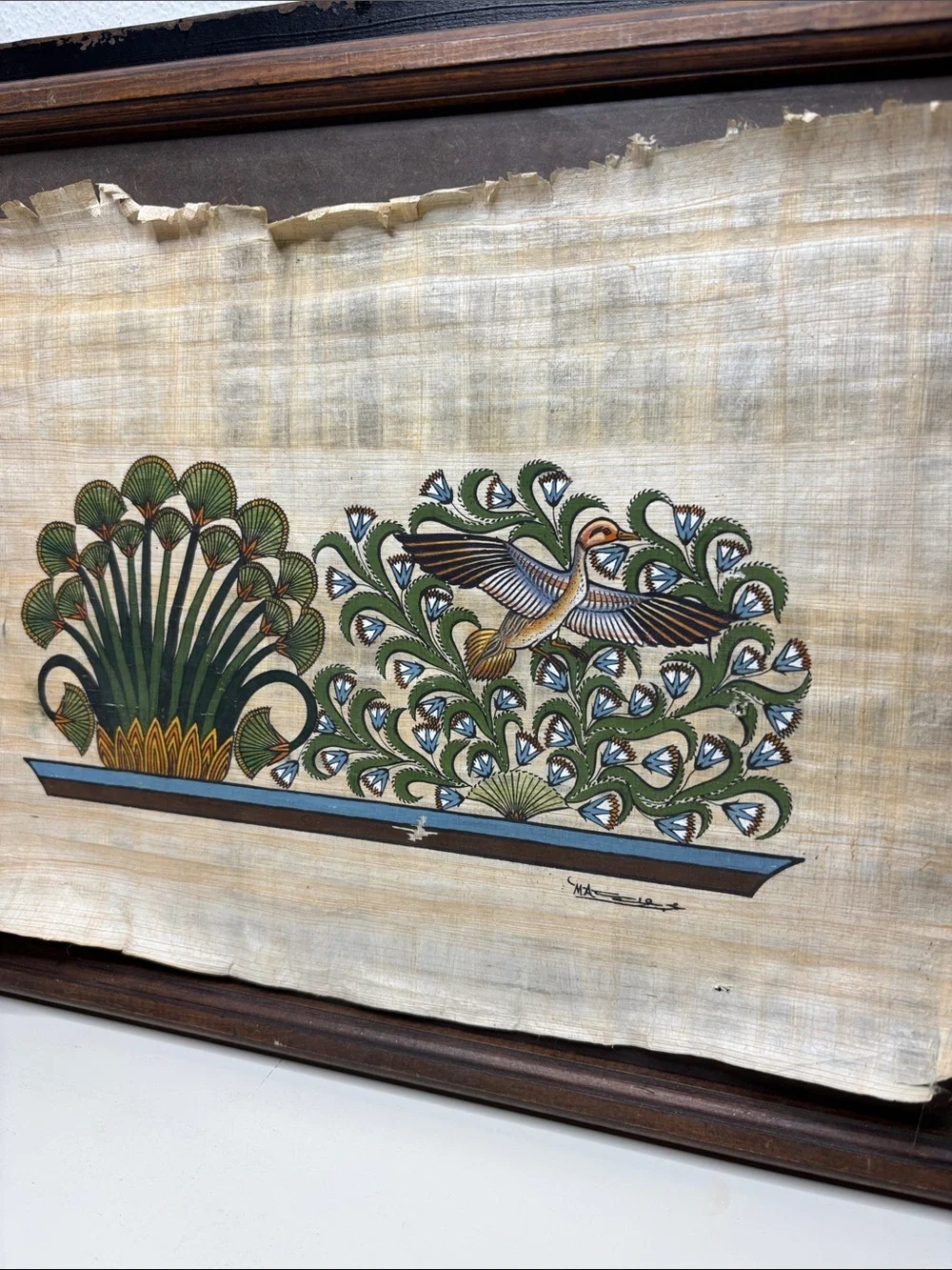 Egyptian art painted on papyrus duck lotus and papyrus plants with frame